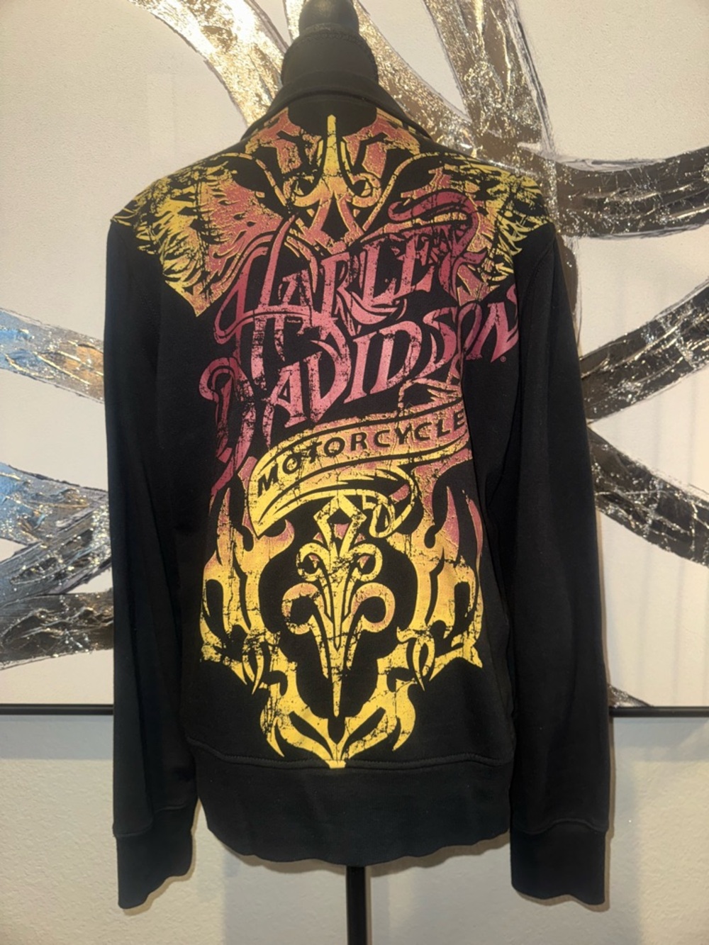 Harley-Davidson Black Zip Front Jacket with Pink and Yellow Graphic - Picture 4 of 5